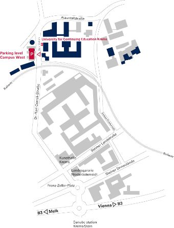 Visualized site plan of Campus Krems and the "Campus West" parking garage