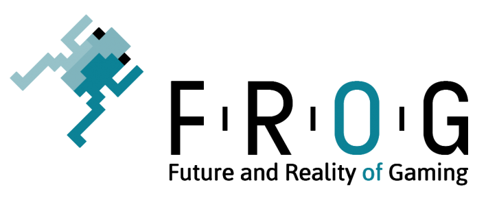 Schriftzug FROG - Future and Reality of Gaming. Davor ist ein Pixel Frosch als Logo.