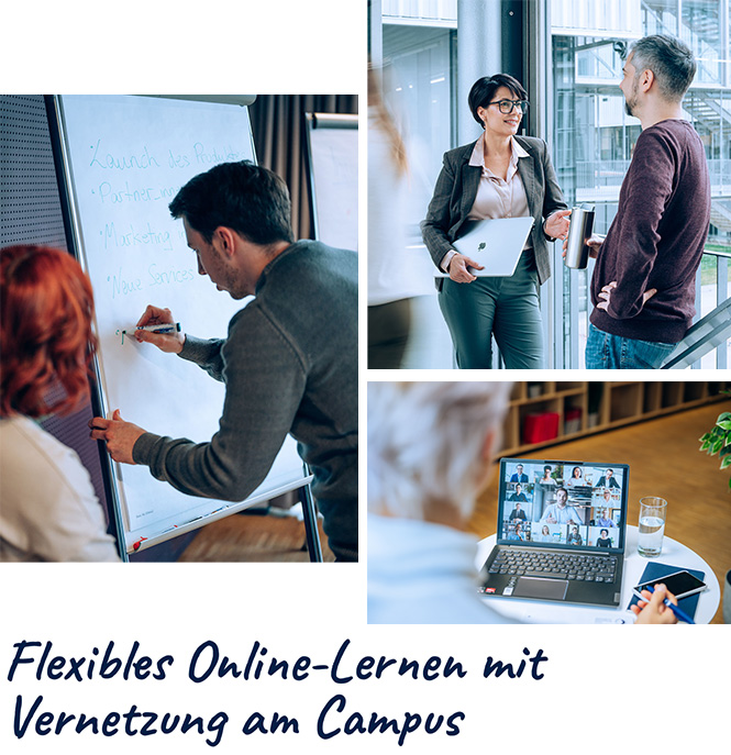 Drei Bilder, die die Online-Lehre sowie das Vernetzen am Campus darstellen (Studentin nimmt an Zoom-Meeting teil; Studierende tauschen sich am Campus aus; Studierende schreiben auf ein Flipchart)