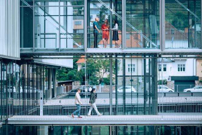 Studierende unterhalten sich auf einer Brücke am Campus Krems